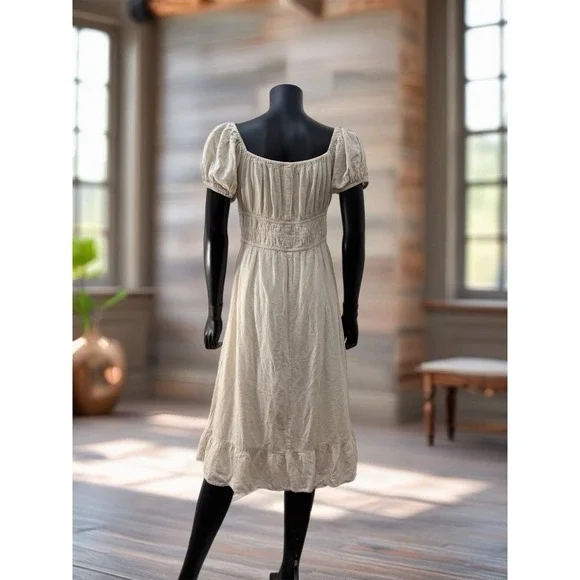 Sim &‎ Sam Linen Blend Midi Dress XL Beige Puff Sleeve Cottagecore Boho - Picture 4 of 8